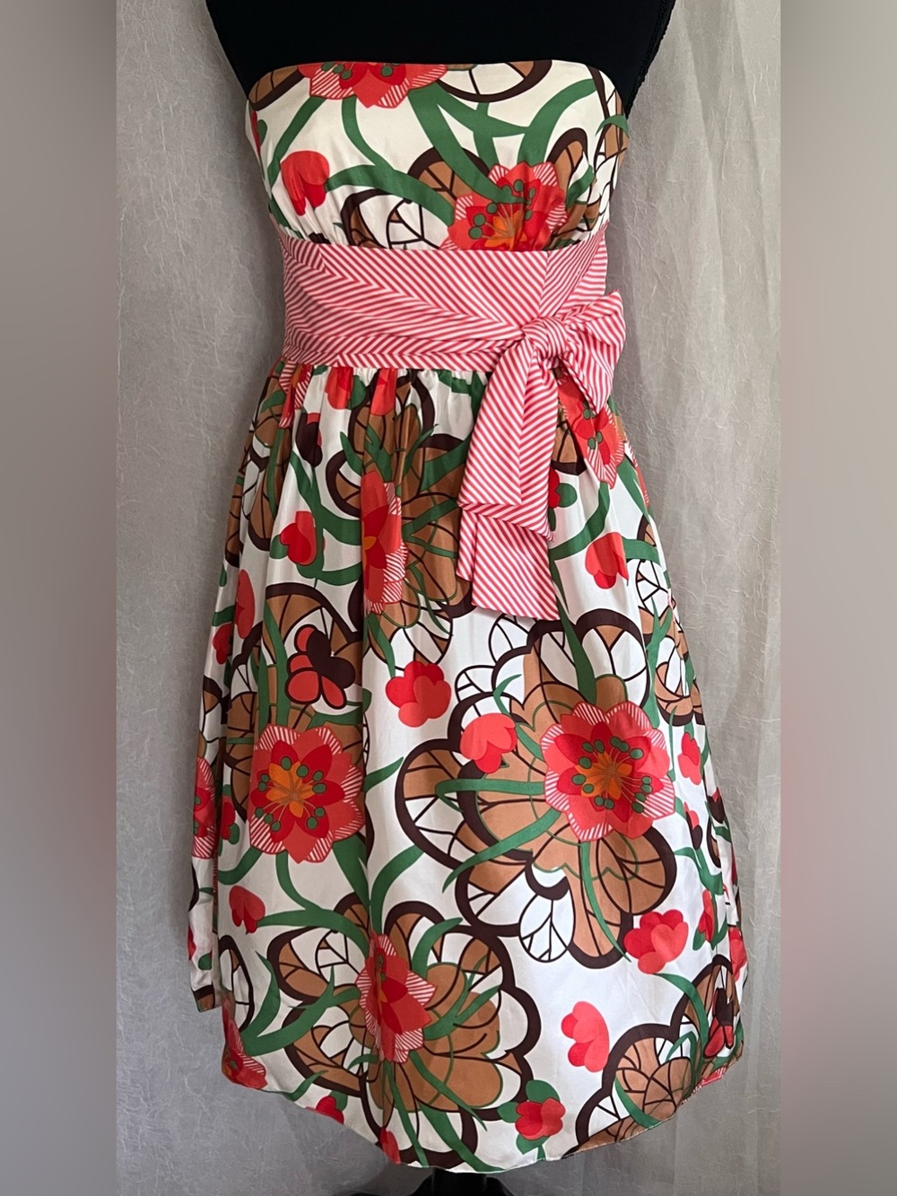 Kay Unger Strapless Floral retro Dress in Red Green and Brown - striped sash